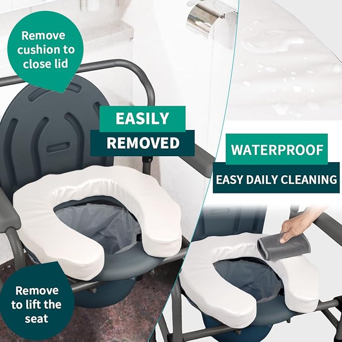 U-Shaped Padded Commode Seat Cushion – 2" Thick Raised Toilet Booster Pad for Seniors, Bedside Commode Chair, Potty Seat Riser – Universal Fit 16x15, Soft Foam, Non-Slip Straps