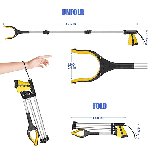 EJG 43 Inch Extra Long Reacher Grabber Tool for Elderly and Disabled, Heavy Duty Pickup Aid with Folding Design, Rotating Jaw & Magnet Tip, Wide 4" Claw Trash Picker