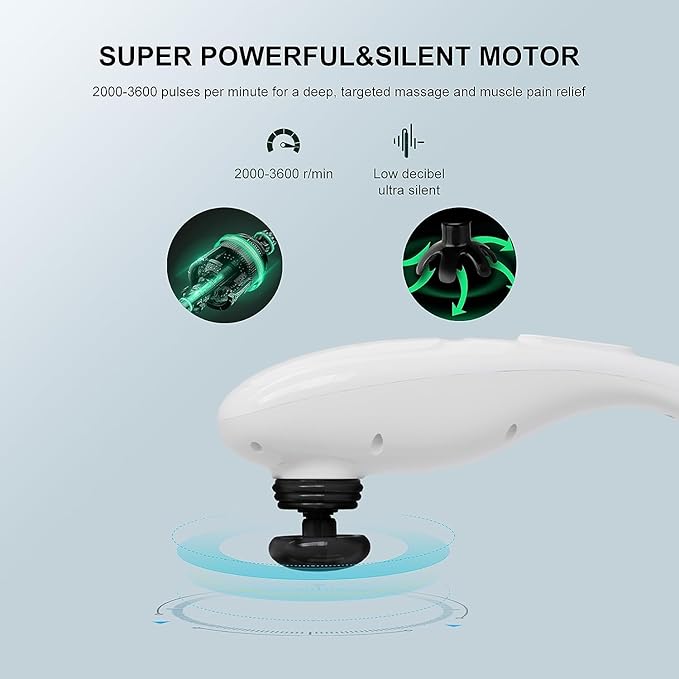 MEGAWISE Cordless Handheld Back Massager w/Rechargeable 3200mAh Battery, 5 Speed and 5 +2 Massage Nodes with Hard, Medium and 2 Soft Silicone Nodes; Massage While Moving Around (White)