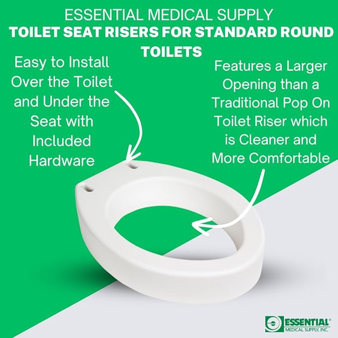 Essential Medical Supply Standard Bowl Round Toilet Seat Riser with 3.5" Rise - 17.5" x 13.5" x 3.5", Elevating and Raising Toilet Seat for Seniors, Adults and The Elderly with 300lb Weight Capacity