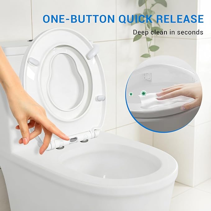KHE Elongated Toilet Seat with Child Seat 18.5 Inch, Soft Close Toilet Seat with No-Touch Handle, Quick Release, Non-Slip, Durable PP, White
