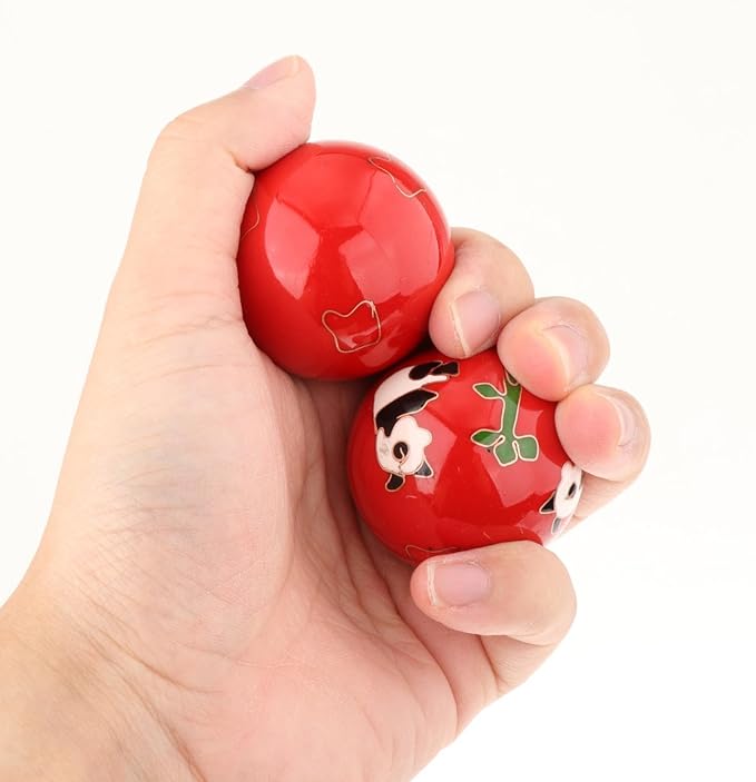 2 Pieces Hand Massage Balls, Chinese Exercise Handballs with Storage Box, Compact Relaxation, Chinese Baoding Balls, for Kids Seniors, Panda Red