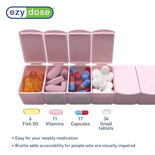 EZY DOSE Weekly (7-Day) Daily Pill Case, 2-Pack of Embossed Matte Pill Case, Daily Medicine & Vitamin Organizer Box, Large Easy-Open Compartments, BPA-Free Medication Planner for Travel, Cream & Pink