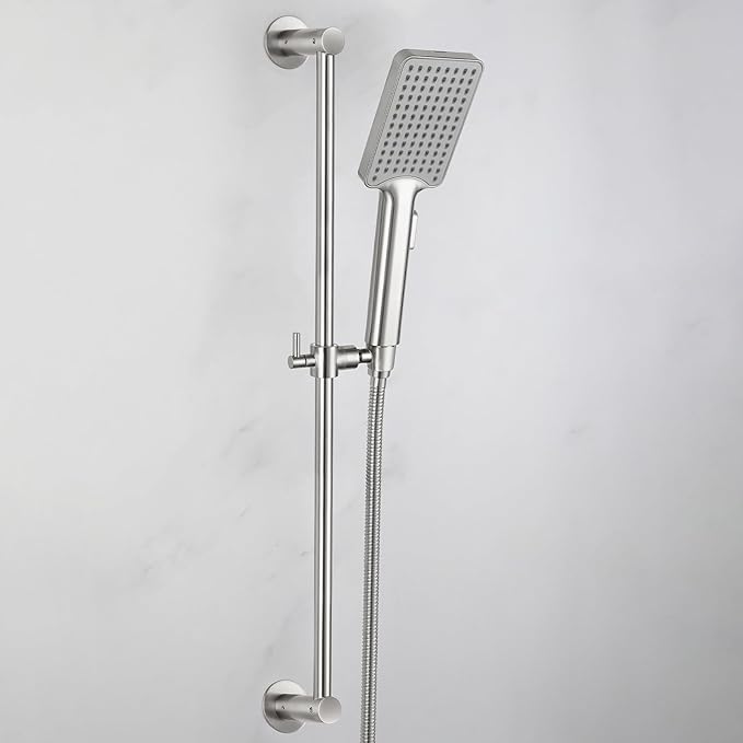 Shower Slide Bar Adjustable Handheld Shower Head Holder Wall Mount - 30inch All-Metal Shower Head Slide Bar Compatible with Bathroom Drill Free Glue Installation - Brushed