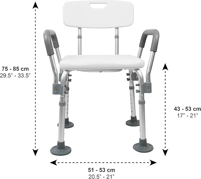 PEPE Mobility Shower Chair to Sit on in Shower, Height Adjustable with Non-Slip Tips, Removable Armrests, Tool-Free Assembly, White, Safety Bath Seat
