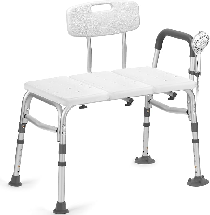 500lb Heavy Duty Shower Bench, Tool-Free Tub Transfer Bench with Arms & Back, Height Adjustable Handicap Shower Seat, Non-Slip Bath Safety Chair for Elderly & Surgery Recovery