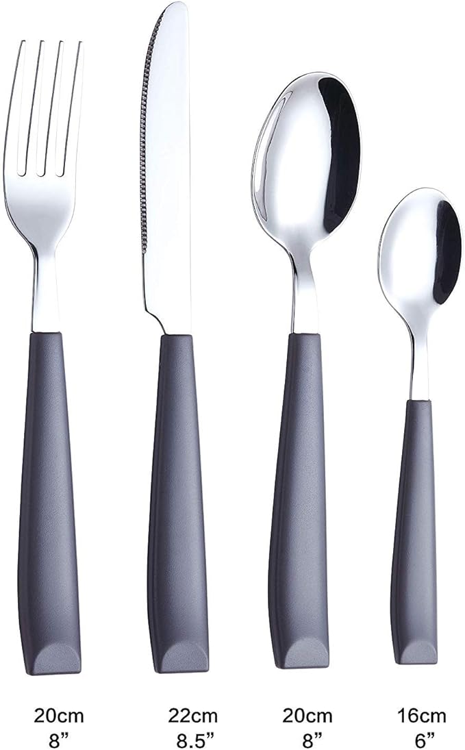 EXZACT 16-Piece Flatware Set for 4 – Colored Stainless Steel Cutlery with Wide Plastic Handles – Comfortable Tableware: Forks, Knives, Spoons, Teaspoons