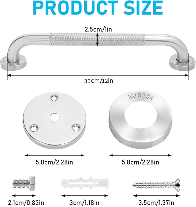 2-Pack, Shower Grab Bars & Bathtub Safety Handles - 304 Stainless Steel Textured Non-Slip Assist Rails for Anti-Fall Support in Tub, Shower, and Toilet Areas (Silver, 12 Inch)
