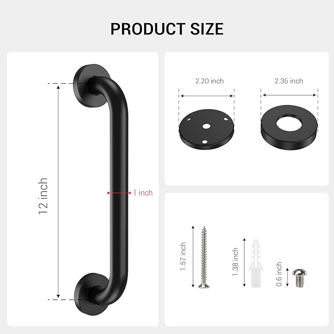 12 Inch Grab Bars for Wall Black, Safety Shower Grab Bars for Seniors Elderly Handicapped, Handicap Grab Bars for Shower with Concealed Screws, Tesuchan