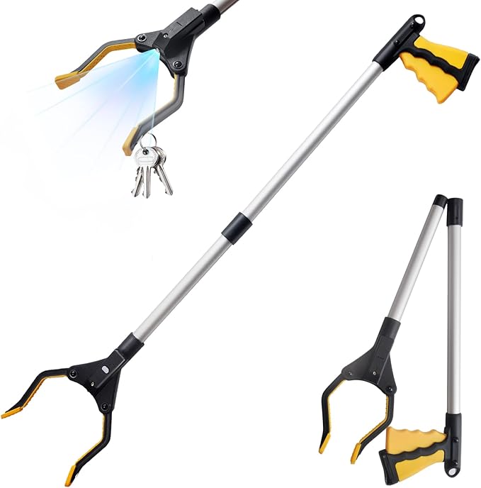 32" Reacher Grabber Tool, Rotating Head with LED Light & Magnetic Tip, Aluminum Lightweight Foldable Picker for Seniors, Garbage Picker Upper, Litter Pick Up, Grab Claw