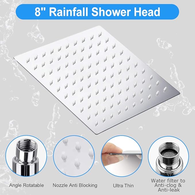 Shower Head , 8 Inch High Pressure Rainfall Shower Head / Handheld Showerhead Combo with 11 Inch Extension Arm, Anti-leak Shower Head with Holder/ Hose, Flow Regulator, Chrome