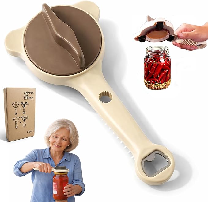 Bottle Openers for Seniors, Adjustable Stainless Steel Jar Opener 4-in-1 Multi Function Lid Remover with Secure Grip Clamps, Easy Twist Kitchen Tool (Beige)