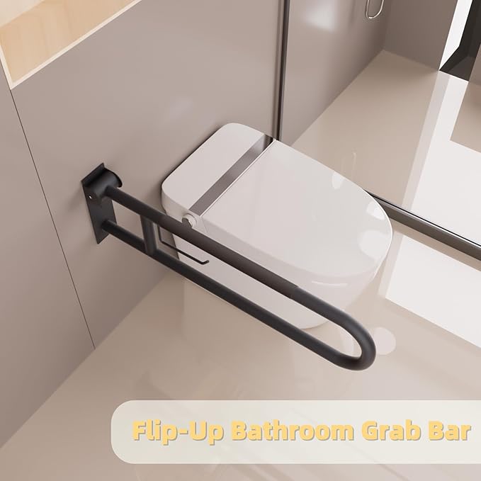 30 Inch Toilet Grab Bar, Matte Black Fold Down Grab Bar with Paper Holder, Knurled Anti-Slip Grab Bars for Toilet, Stainless Steel Handrails Toilet for Seniors Disabled Elderly Pregnant