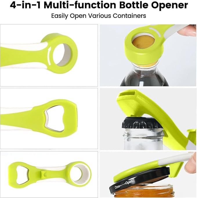 Multifunctional Bottle Opener 4-in-1 Grip Tool Easy Twist Cap Jar for Soda Bottles Canning Lids Can Tabs Arthritis Relief Kitchen Gadget Effortless Opening(White Green)
