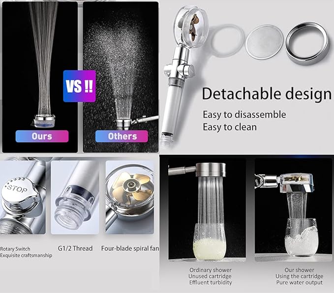 ANTOWER High Pressure Water Saving Handheld Propeller Shower head with filters Vortex shower head pause switch hydro jet shower head Easy Install Turbo Shower Head 360 Degrees Rotating