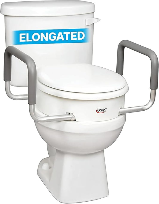 Carex 3.5 Inch Raised Toilet Seat with Arms, Elongated Toilet Seat Riser, Up to 250 lbs Capacity, Elevating & Raising Seat for Elderly & Handicap, Universal, Slip-Resistant with Padded Handles, White