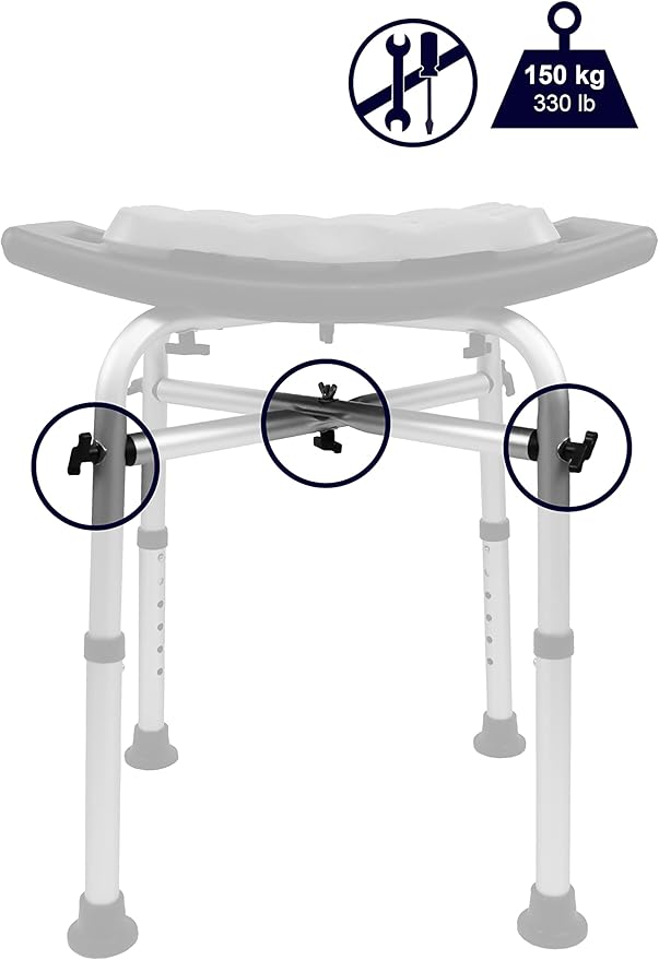 KMINA Shower Stool, Padded with Foam Cushion, Heavy Duty Double Reinforced Crossbar with 6 Height Adjustable, Tool Free, Anti-Slip, Made in Europe