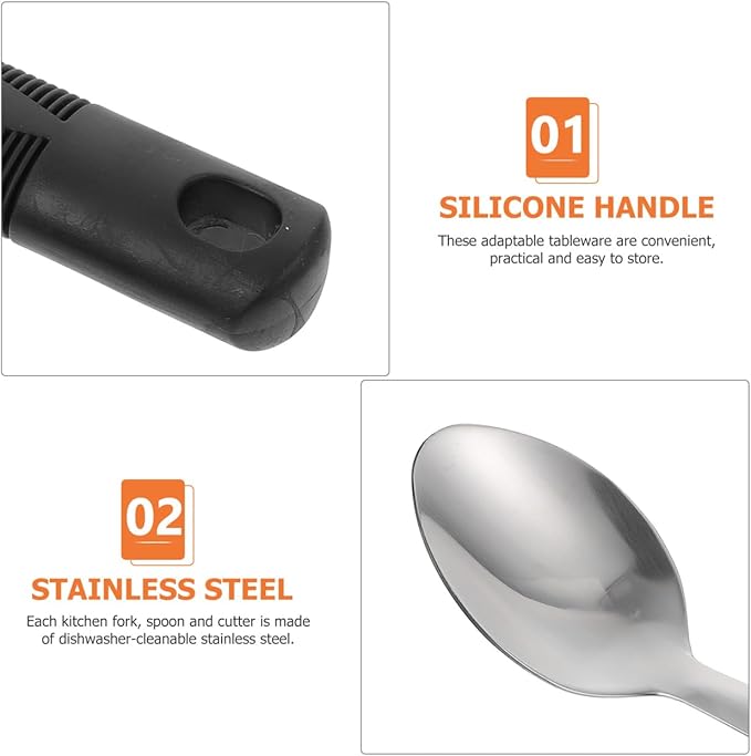 Healifty Adaptive Utensils Anti-Shake Tableware Set 3-Piece Non-Weighted Non-Slip Raised Handle Cutlery Fork Spoon Cutter 7.87 Inch Silverware for Elderly Arthritis Tremor Support