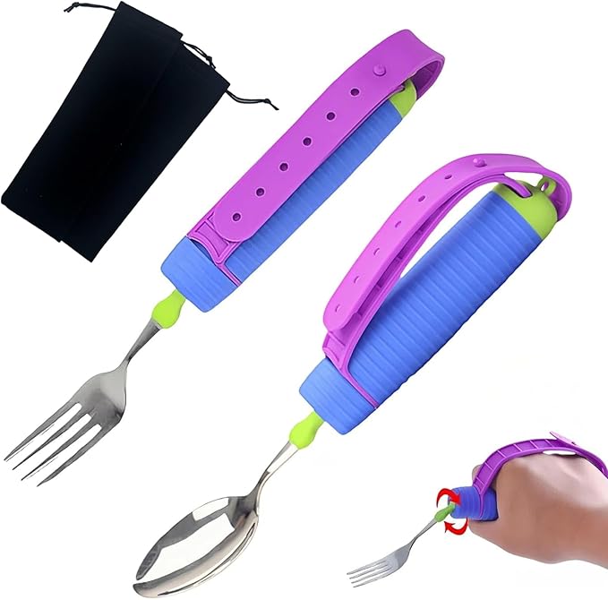 Adaptive Utensils Set, 2pcs Spoons Forks Set for Elderly, Weighted Utensils for Hand Tremors, Arthritis Weakness, and Parkinsons, with Non-Slip Easy Grip Handle, 360 Degree Rotation Rubber Strap
