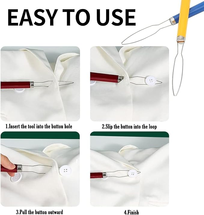 2 Pcs Button Hook Dressing Aid with Comfort Grip Handle - One Hand Button Helper for Arthritis, Seniors & Independent Living (Random Colors)