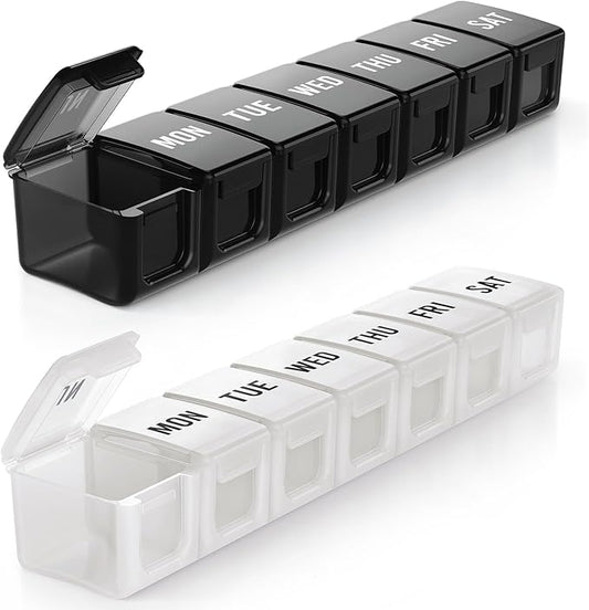 BUG HULL Weekly Pill Organizer Large 2 Packs, Extra Large Travel Pill Organizers, Pill Box 7 Day, Travel Pill Case, Medicine Pill Organizer for Vitamins, Supplements and Medications (Black+White)