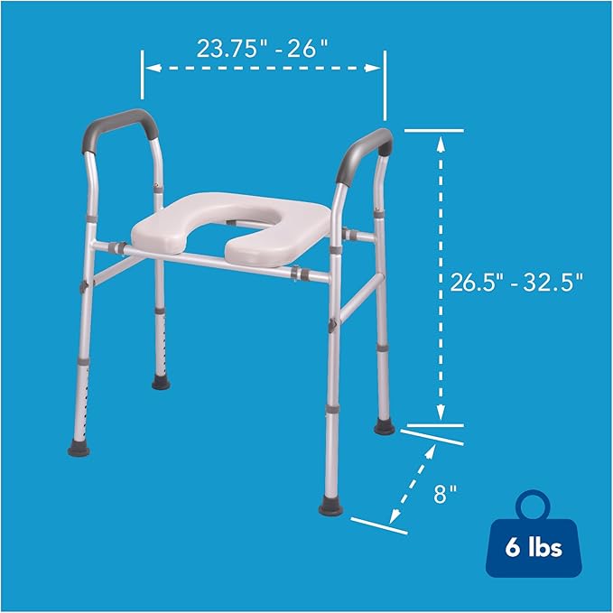 Carex Padded Raised Toilet Seat with Handles, Adjustable Height, Padded Waterproof Seat, Non-Slip Legs, Heavy-Duty Frame, Supports up to 300 lbs, Fits Most Toilets