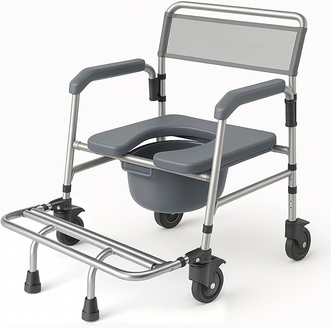 Vive Commode Shower Chair with Wheels - 3-in-1 Bathroom & Bedside Wheelchair for Seniors, Adults, Elderly, Disabled, Handicap - Rolling Toilet Transfer Seat w/Arms, Footrest, & Removable Bucket