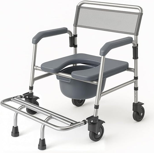 Vive Commode Shower Chair with Wheels - 3-in-1 Bathroom & Bedside Wheelchair for Seniors, Adults, Elderly, Disabled, Handicap - Rolling Toilet Transfer Seat w/Arms, Footrest, & Removable Bucket