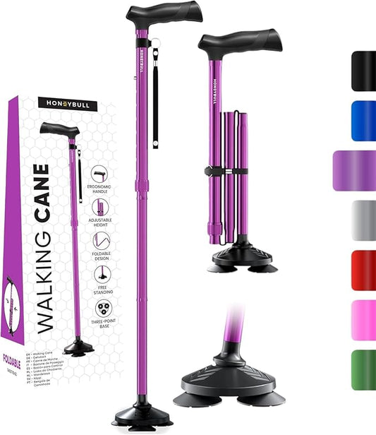 HONEYBULL Walking Cane for Men & Women Foldable, Adjustable, Heavy Duty, Free Standing, All Terrain, Collapsible Walking Sticks for Seniors & Adults