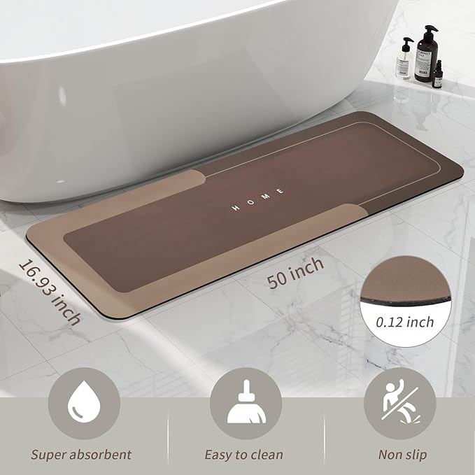 Housego Absorbent Bath Mat Magic Rug, Quick Drying Magic Bath Mat Non-Slip Floor Rug Rubber Backed for Bathroom Kitchen Shower Sink, Water Absorbent (1PC, 16.93''x50'', Brown)