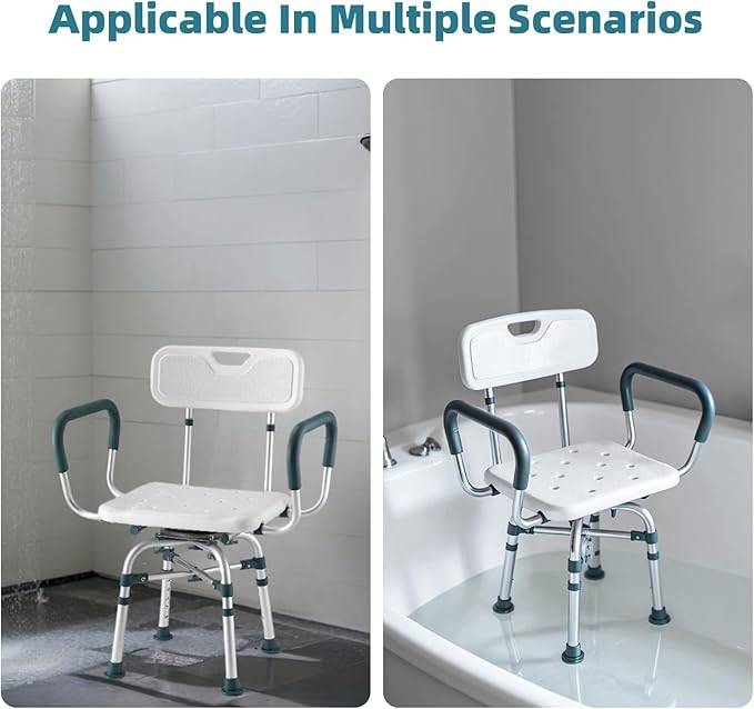 Swivel Shower Chair with Arms and Back, 500 lbs Heavy Duty Shower Stool for Inside Shower Stall and Bathtub, Height Adjustable Rotating Shower Chair & Seat for Elderly, Adults, Handicap and Disabled
