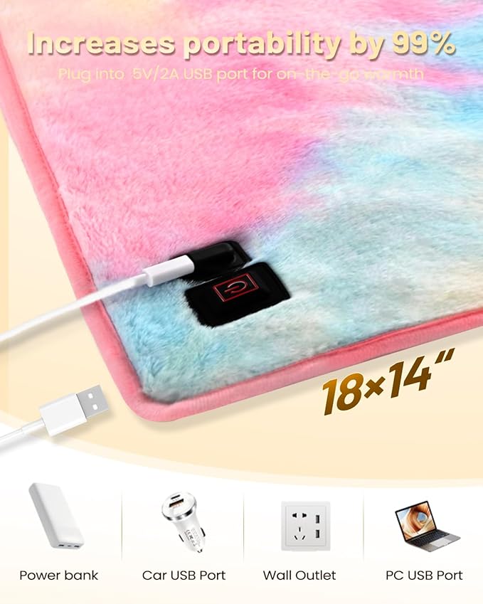 USB Heating Pad, Portable Heating Pad for Travel, 18"x 14" Small 5V Electric Heating Pad, Washable, 3 Heat Settings, Auto Shut Off, Heat Therapy for Period Cramps Back Pain Relief (Plug-in Only)