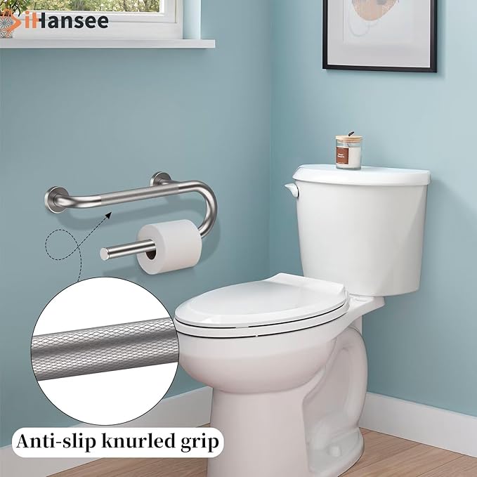 𝐔𝐩𝐠𝐫𝐚𝐝𝐞𝐝 Toilet Grab Bars 16 Inch - Toilet Paper Holder Grab Bar Stainless Steel Knurled Toilet Grab Bars for Seniors Bathtub Bathroom Rails for Elderly Safety Balance Support, Brushed Nickel