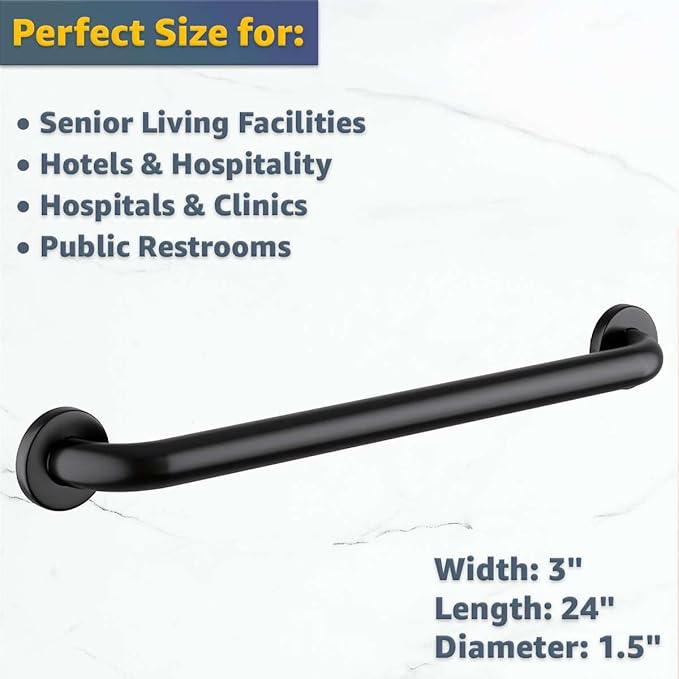 24" Matte Black Grab Bar for Bathroom, Shower, Toilet - Stainless Steel Safety Handle for Elderly - Wall Mount Restroom Support Rail - Commercial or Home Use - 250 lb Capacity
