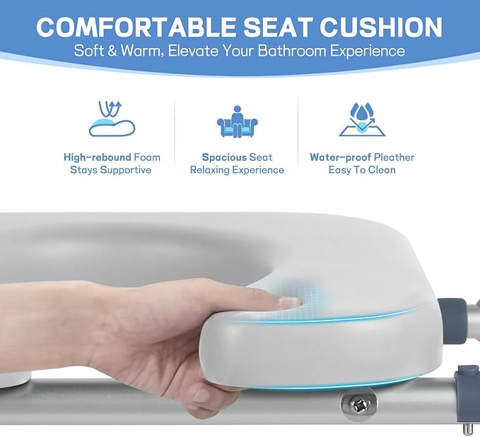 Raised Toilet Seat with Handles, Toilet Seat Riser for Seniors with Adjustable Height & Width, Extra Support Bars for Soft Padded Seat Handicap Elevated Toilet Seat for Elderly, Fit Any Toilet
