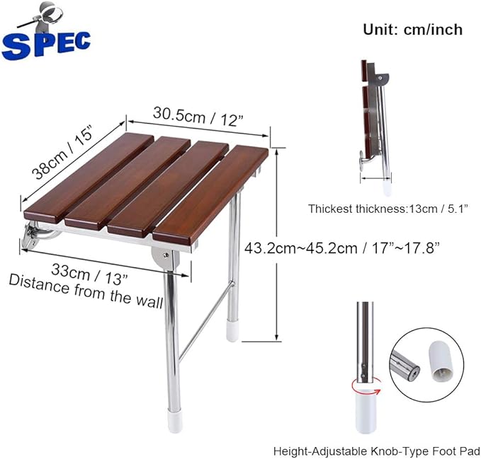 Folding Shower Seat Wall Mounted with Legs, Foldable Shower Chair for Inside Shower, Fold Down Shower Bench for Seniors (Wood, Fixed Height)