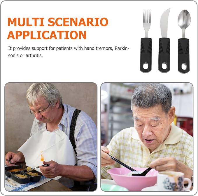 Healifty Adaptive Utensils Anti-Shake Tableware Set 3-Piece Non-Weighted Non-Slip Raised Handle Cutlery Fork Spoon Cutter 7.87 Inch Silverware for Elderly Arthritis Tremor Support