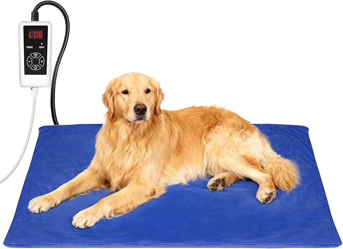 RIOGOO Pet Heating Pad, Electric Heating Pad for Dogs and Cats with Timer, 6 Level Adjustable Temperature Dog Heated Blanket (Blue, L:35‘’x22‘’)