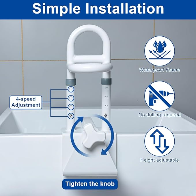 Adjustable Bathtub Safety Rail with Double Grip - Secure Tub Grab Bars for Seniors and Elderly, Fits 3" to 7" Wide Flat Tub Walls, Tool-Free Clamp On Bathroom Support Handle