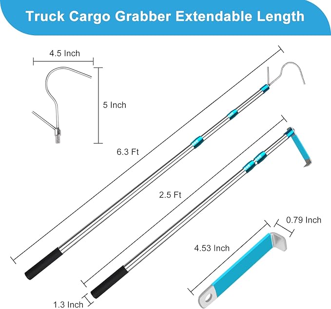 6.3 Ft Truck Cargo Grabber Reach Retriever Tool, Expandable Heavy Duty Stainless Steel Truck Telescoping Pull Pole with Two Hooks for PickupTruck SUV Boat Accessories