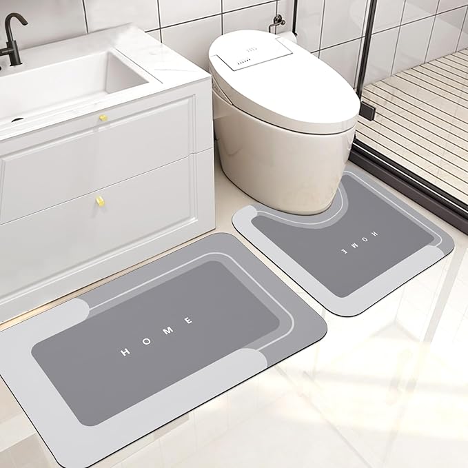 Housego 2PCS Absorbent Bath Mat Magic Rug Sets, Quick Drying Bath Mat Non-Slip Floor Rug Rubber Backed for Bathroom Kitchen Shower Sink, Water Absorbent (19.7''x23.6''+19.7''x31.9'', Light Gray)