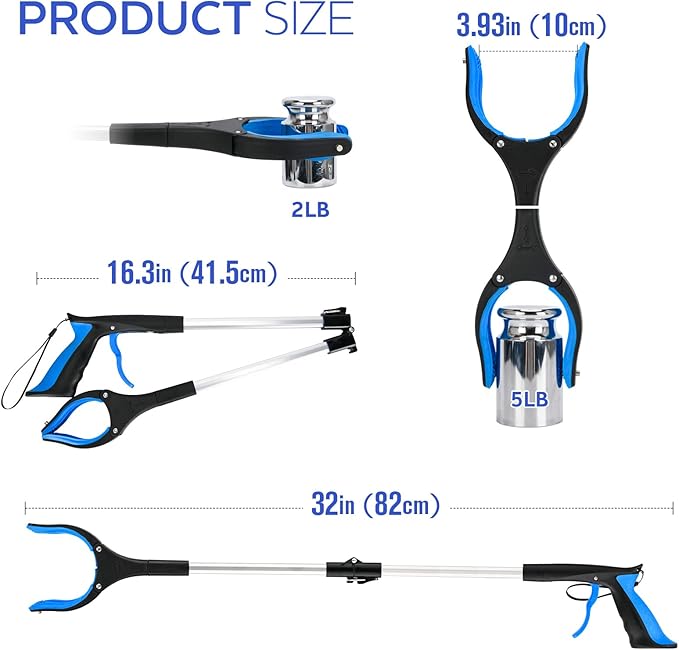 32" Grabber Reacher Tool, 2-Pack Foldable Reacher Grabber Pickup Tool with Buckle and Rope and with 360° Rotating Jaw & Magnet, Lightweight Grabbers for Seniors Heavy Duty(Blue)