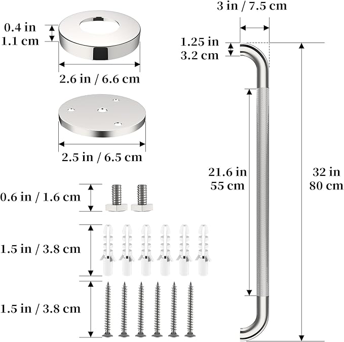 Polished Chrome Grab Bar 32 Inch, iHansee Anti-Slip Bathroom Grab Bar w/Knurled Grip, Stainless Steel Safety Handrail for Toilet Bathtub, Wall Mounted Shower Handle Handicap Bars for Senior Elderly