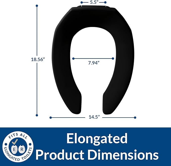 BEMIS 1955CT Commercial Open Front Plastic Toilet Seat, Heavy Duty Industrial Seat without Lid, Secure Installation for Long Lasting Use, Made in USA, Elongated, Black (Pack of 2)