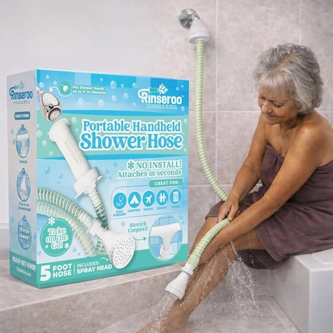 Rinseroo: Slip-On Handheld Shower Attachment Hose w/Spray Head-for Seated Bathing. Converts Fixed Shower Head into Handheld Bather. Portable, No-Install Shower Hose Wand for Seniors, RV. Gravity fed.