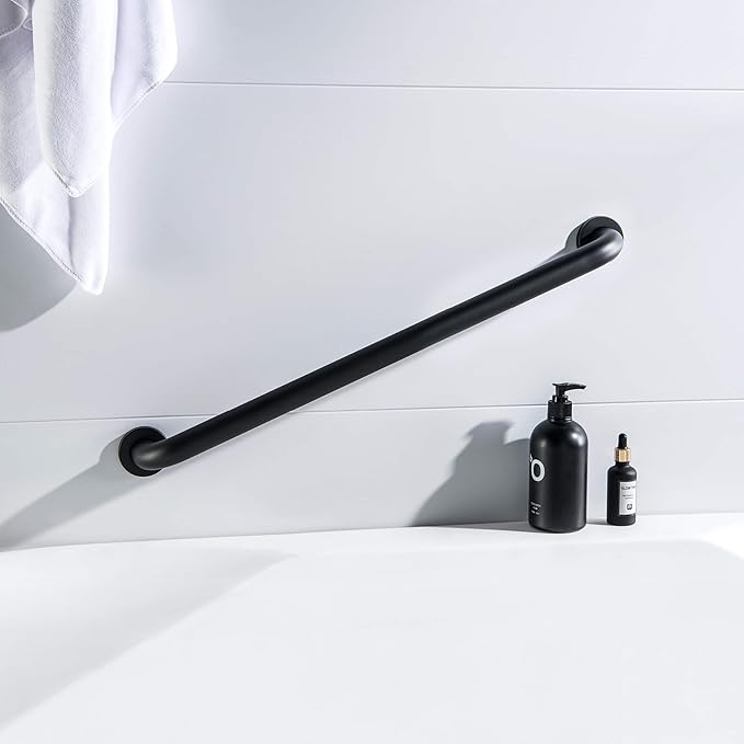 KIBI 24 Inch Curved Grab Bar for Bathroom Safety – Stainless Steel Anti-Slip Wall Mounted Support Rail for Showers, Tubs & Toilets, Senior Balance Aid with Durable Matte Black Finish