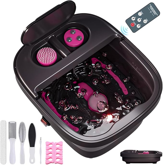 Collapsible Foot Bath, Foot Spa Bath Massager with Heat, Bubble, Remote Control, Temperature Control, 3 Pedicure Attachments, Feet Soaking Tub for Stress Relief
