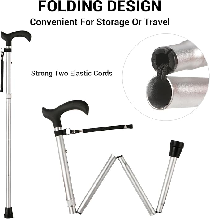 Folding Cane, 5-Level Adjustable Height Lightweight Portable Foldable Walking Canes with Wrist Strap and T Handle for Men Women Seniors
