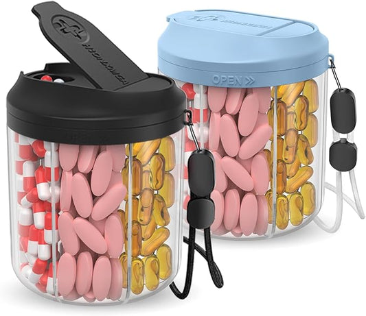 Hionxmga Pill Dispenser with 7 Large Compartments, 4.4" H x 3.6" Dia Pill Organizer for Travel, Supplement Organizer with Anti-Mixing Design, BPA-Free Pill Container with 20 Pcs Labels, Black+ Blue