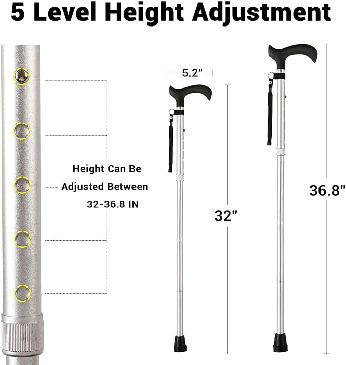 Folding Cane, 5-Level Adjustable Height Lightweight Portable Foldable Walking Canes with Wrist Strap and T Handle for Men Women Seniors